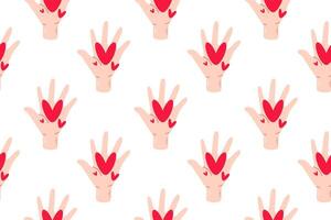Seamless pattern with raised up hand with hearts vector