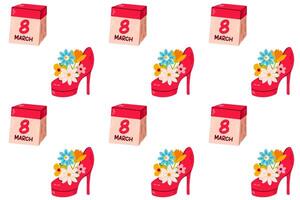 Pattern with 8 march calendar and hight heels with flowers. Women's day pattern vector