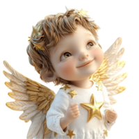 Smiling Angelic Child with Golden Wings and Soft Curls png