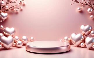 Pink background with pearl hearts on branches with a podium in the middle photo