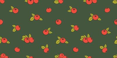 Lingonberry Fruit Seamless Pattern on Dark Green Background vector