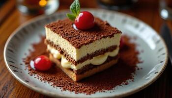 Tiramisu Dessert with Chocolate and Cherries on Plate photo