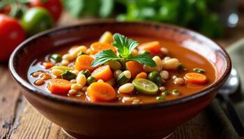 Minestrone Soup in Rustic Bowl with Vegetables and Herbs photo