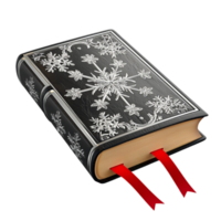 black book with intricate silver snowflake patterns and red bookmarks looks mysterious png