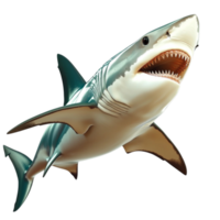 Powerful great white shark swimming forward with sharp teeth and piercing eyes png