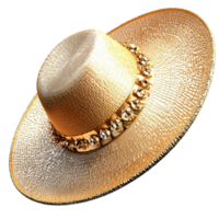 Widebrimmed straw hat with a golden ribbon glows under the sunlight png