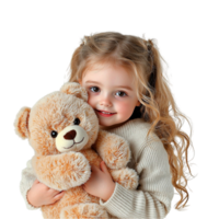 Smiling little girl hugs a teddy bear with joy and warmth png