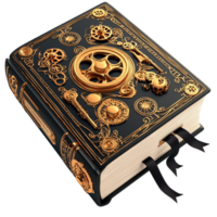 Ornate black and gold book with intricate metallic details and a mysterious lock png