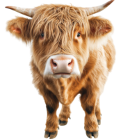 Fluffy Highland cow with long curved horns gazes with a gentle expression png