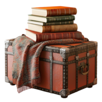 A vintage brown trunk with a stack of books and a cozy plaid blanket looks nostalgic png