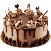 A chocolate cake with swirls of frosting and chocolate decorations looks indulgent and png