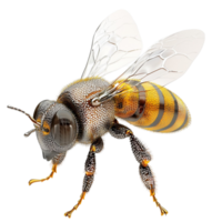 A realistic honeybee with translucent wings and fuzzy details hovers in midair with precision png