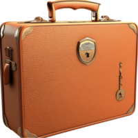 A vintage brown suitcase with a golden lock and key stands as a symbol of adventure png