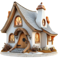 Fairytale cottage with a whimsical roof and glowing windows sits in a peaceful setting png