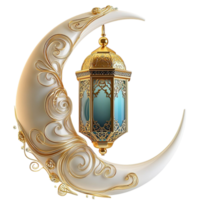 A golden lantern with intricate patterns hangs from a crescent moon with engravings png