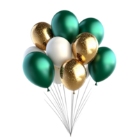 Cluster of green white and gold balloons floats together creating a festive and celebratory atmosphere png