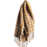 Cozy plaid scarf with warm tones and fabric hangs ly with fringed edges png