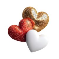 Three heartshaped cushions with red gold and white glitter textures glow warmly png