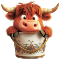 Cute highland cow with fluffy orange fur peeks out of a decorated flower pot with curiosity png