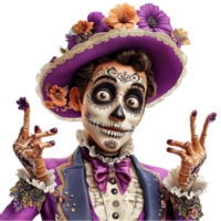 A festive skeleton dressed in colorful Day of the Dead attire strikes a joyful pose png