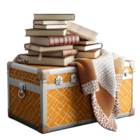 A vintage travel trunk with stacked books and a warm blanket creates a cozy and nostalgic scene png