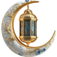 A golden lantern with intricate patterns hangs inside a beautifully designed crescent moon png