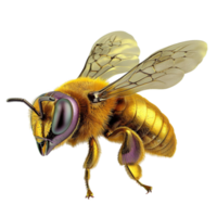 Realistic honeybee with golden wings and a fuzzy body hovers in midair png
