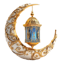 Beautiful golden crescent moon with intricate patterns holds a glowing blue lantern in the center png