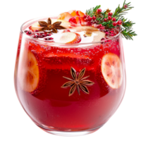 Reing red fruit punch with citrus slices and star anise sits in a clear glass with ice png