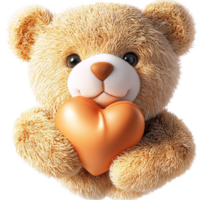 Fluffy teddy bear with a sweet smile holds a shiny golden heart with love png
