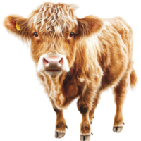 Fluffy highland cow with brown fur gazes with a calm and gentle look png