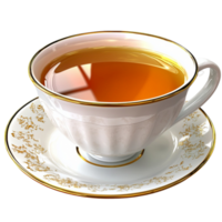 Cup of tea with an intricate gold rim and a matching saucer is filled with warm amber png