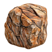 Cubeshaped rock with a rugged textured surface and natural brown tones looks solid and png