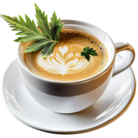 Cup of coffee with a golden rimmed saucer and a leaf design on the frothy surface looks png