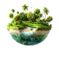 Floating island covered in lush greenery and palm trees creates a magical tropical paradise png