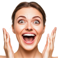 Excited woman with a big smile and wide eyes expresses joy png