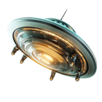 Metallic flying saucer with glowing lights hovers in the air with futuristic design png