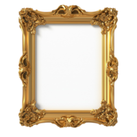 Ornate gold picture frame with intricate carvings and a vintage design stands empty and ready for display png