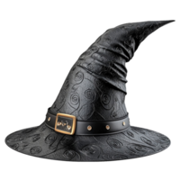 Black witch hat with a twisted tip and patterns exudes a mysterious and magical vibe png