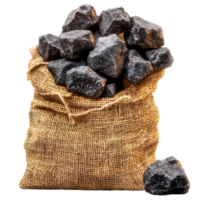 Burlap sack filled with rk charcoal pieces looks rough and heavy png