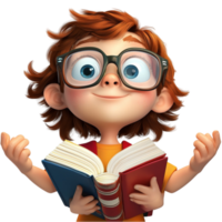 inteligente joven chico con grande lentes y un abierto libro es emocionado a aprender png