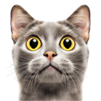 Gray cat with big yellow eyes and an innocent expression stares curiously at the viewer png