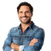 Smiling man with a denim jacket poses confidently with a friendly expression png