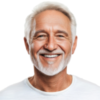 Elderly man beams with white hair and beard sharing wisdom and warmth png