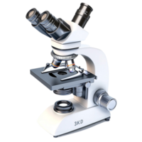 Silver microscope with multiple lenses and knobs looks precise and ready for research png