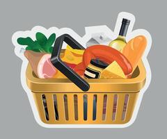 yellow grocery basket sticker with products on grey background vector