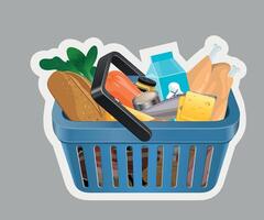 blue grocery basket sticker with products on grey background vector