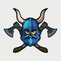 colored icon of a viking head in a helmet with crossed axes on a white background vector