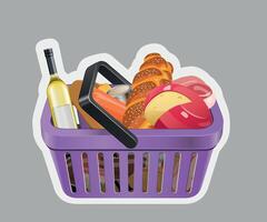 lilac grocery basket sticker with products on grey background vector