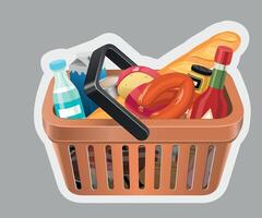 brown grocery basket sticker with products on grey background vector